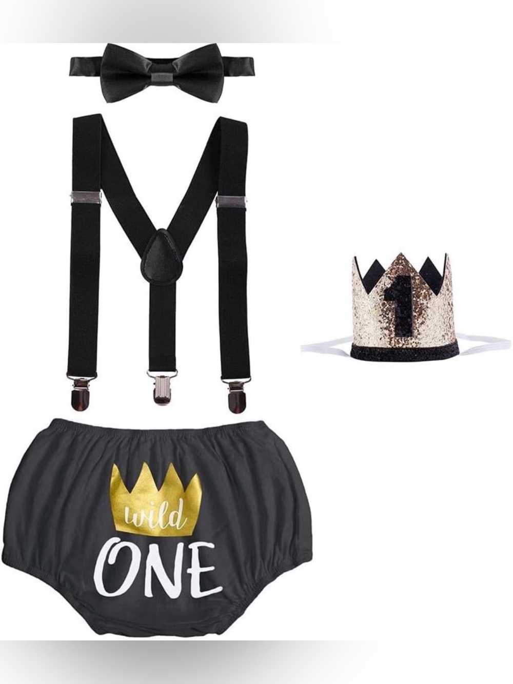 NEW! Baby Boy ‘Wild One' First Birthday Outfit with Suspenders & Crown